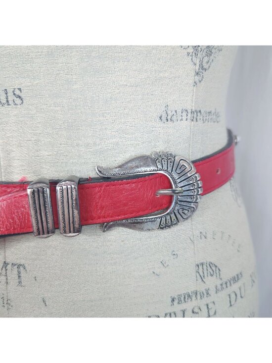 Vintage 90s Red Western Belt Small Streets Ahead Leather Silver main image 7